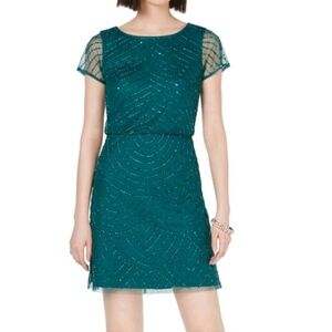 Adrianna Papell Women's Dark Jade Beaded Blouson Mesh Sheath Dress Size 6